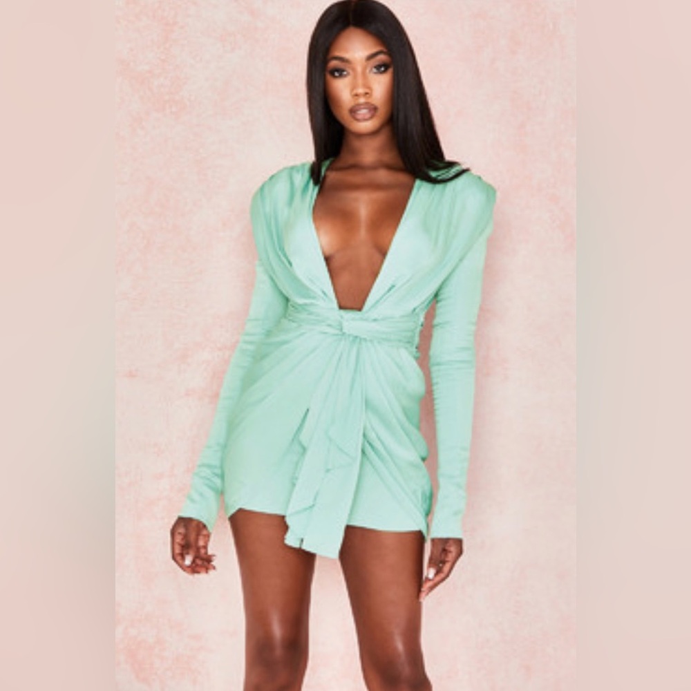 House of CB Pascale Aqua Draped Satin Mini Dress